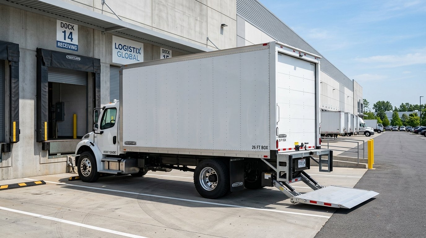 26-foot commercial straight box truck with hydraulic liftgate at loading dock