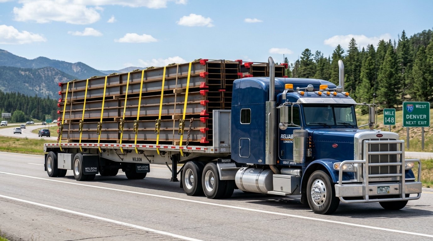 Commercial semi truck hauling 48-foot flatbed trailer loaded with steel beams