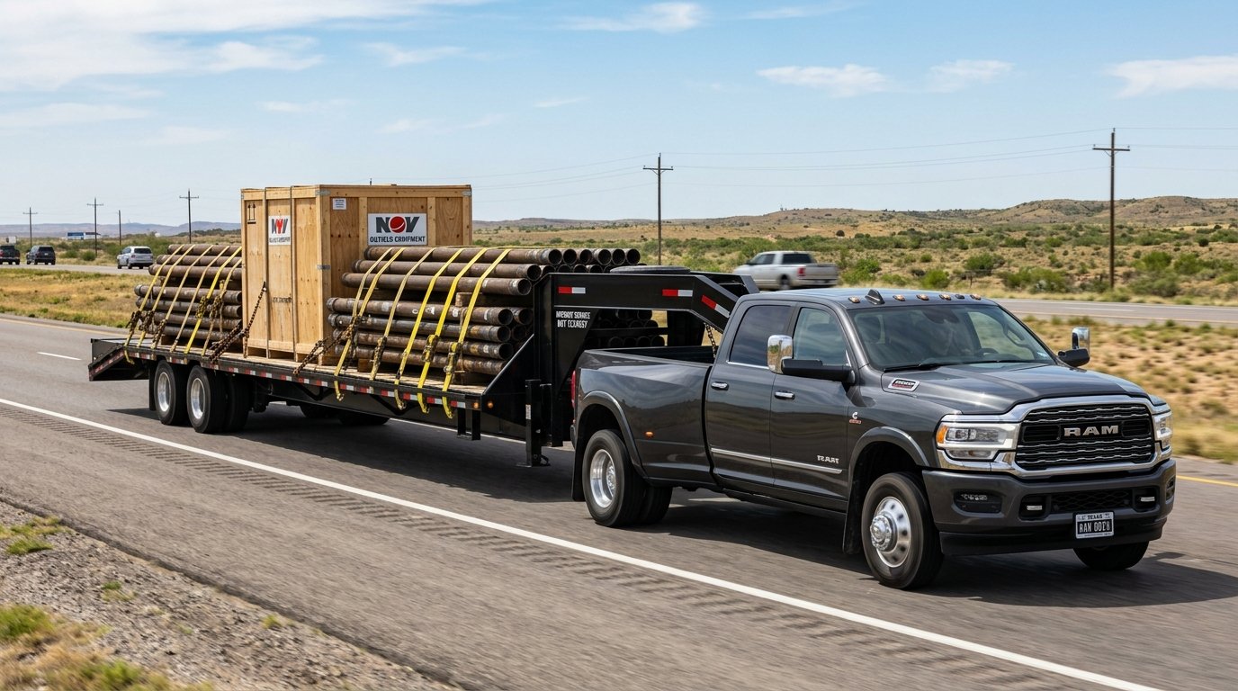 Ram 3500 dually pickup truck towing 40-foot gooseneck trailer with oilfield pipes