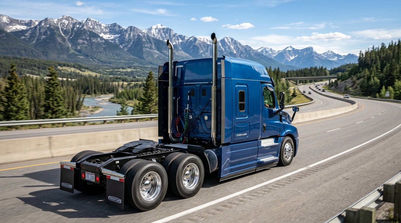 Modern sleeper semi tractor bobtailing on highway ready for power only dispatch