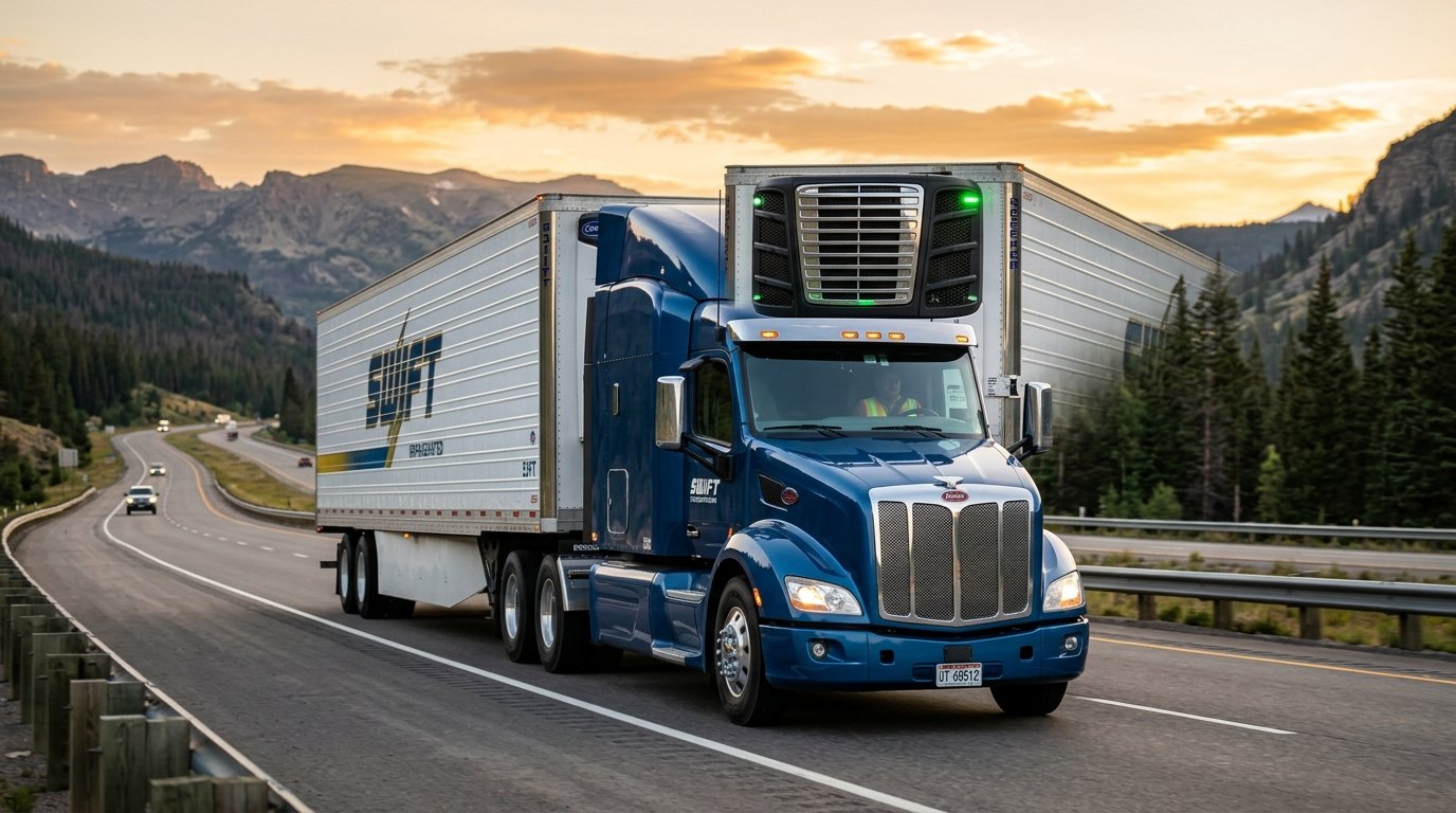 Peterbilt semi truck towing 53-foot refrigerated reefer trailer