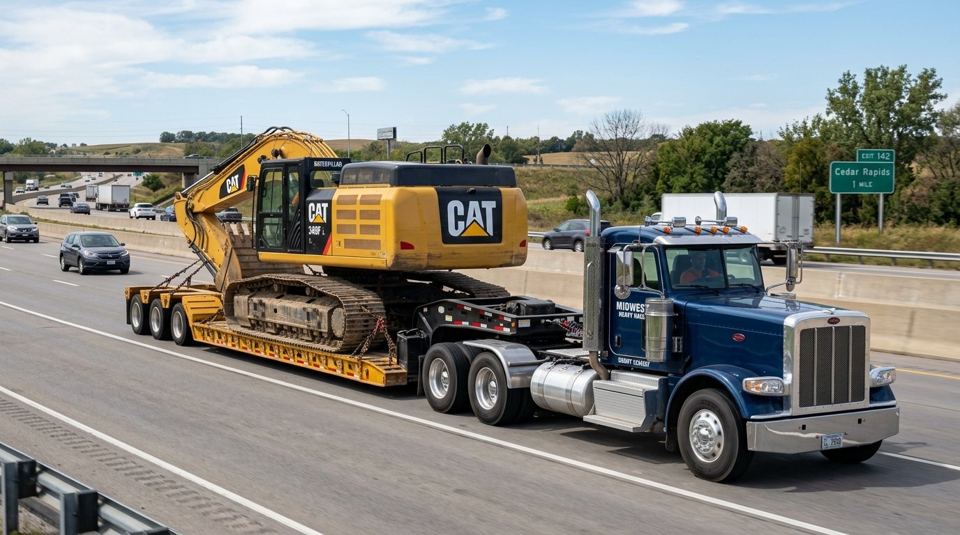 Semi truck pulling step deck drop deck trailer with excavator machinery